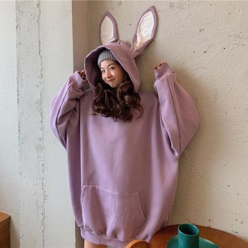 Cute Women Rabbit Ear Hoodie Streetwear Japan Sweatshirt Hoody Female Funny Hip Hop Autumn Women Oversized Solid Sweatshirt