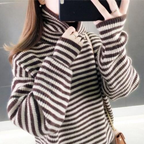 Turtleneck Knitted Striped Women Sweaters 2021 Winter New Loose Thicken Warm Lady Pulls Fashion Outwear Coat Tops