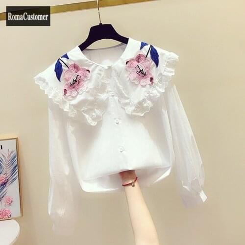 2021 Autumn New Korean Hand Embroidery Flowers Long Sleeve Single Breasted Straight Loose Elegant Shirt Womens Casual Blouse