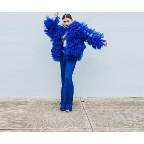 Mujer Chaqueta Fashion Royal Blue Tulle Women Jacket Full Sleeves Ruffles Tulle Women Coats Femme Veste