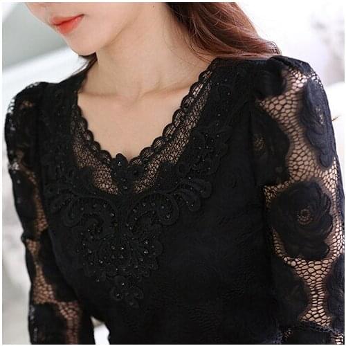 2020 Spring Women Lace Slim Hollow Out Embroidery Blouse Shirt Full Sleeve Lace Diamonds Casual Base Shirt