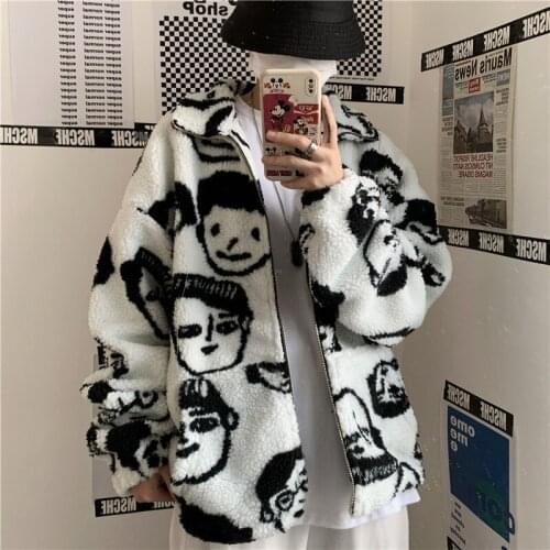 Oversized Harajuku Coats Women Cute Cartoon Printing Sweatshirt Vintage 90 Lazy BF Style Jacket Lambswool Keep Warm Zipper coat