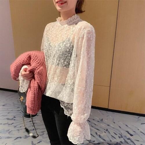 Ladies Fashion Sexy Transparent Women Long Sleeves Elegant Lace O-Neck Temperament Korean Style Lace Blusas Tops DD8254