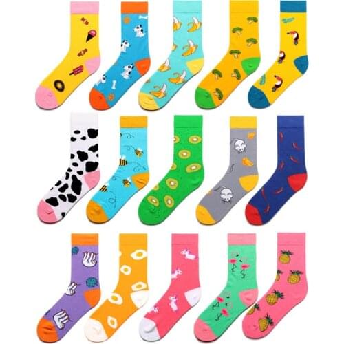 Women Socks Cartoon Animal Flamingo Puppy Pineapple Pepper Kiwifruit Fruits Happy Cute Funny Female Hip Hop Skate Hosiery Autumn