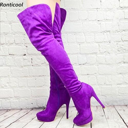 Ronticool Women Winter Platform Thigh Boots Side Zipper Stiletto Heels Round Toe Black Purple Fuchsia Party Shoes Us Size 5-20