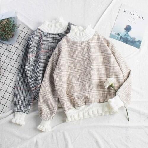 Pullover Loose and Thin Plaid Thick Woolen Sweet Retro Fungus Lace Long-sleeved Sweater Women 2020 Autumn New Sweatshirt Women
