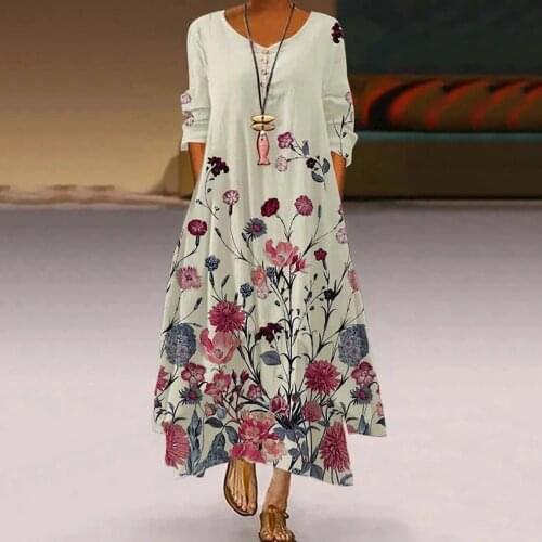 Hillsionly Plus Size Womens Summer Long Dress Long Sleeve Casual Womens Dresses Vintage Floral Maxi Dress For Women 2021