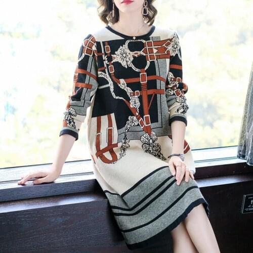 Jacquard Knitted Sweater Dress Women 2020 Autumn Winter New Fashion O-neck Long Sleeve Knee-length Bottom Dresses High Quality