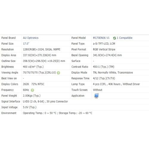 AUO LCD Screen M170EN06 V1 M170EN06 V.1 M170EN06.1 Display Panel 17 inches