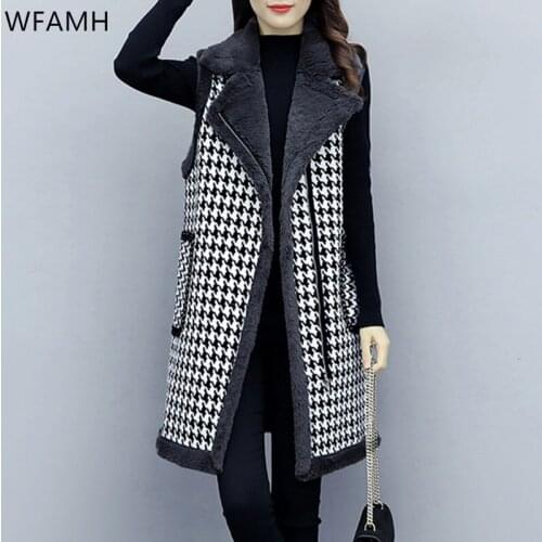 Winter plus size womens plus velvet padded vest mid-length plaid big pockets to keep warm fashion fur cotton jacket Slim