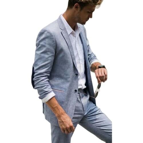2020 Light Gray Linen Suit For Beach men Wedding Groom Tuxedos Mens Prom Dinner Suits Casual Style elbow patches blazer 2 Piece