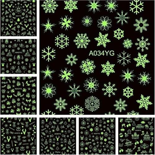 50pcs Night Luminescence Winter Snowflakes Merry Christmas Snowman Glow In The Dark Nail Art Adhesive Sticker Decal Decoration