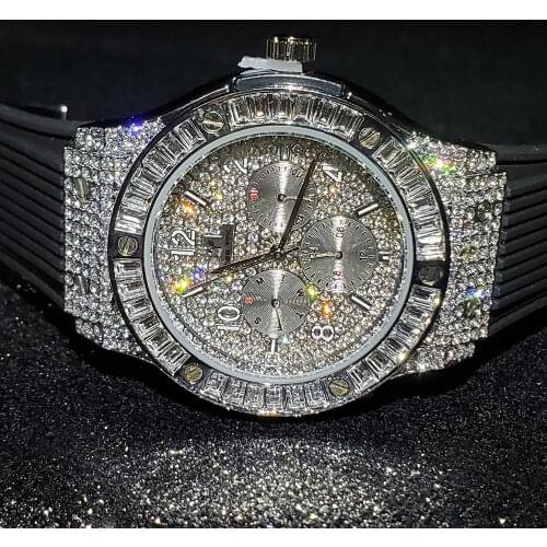 Hip Hop MISSFOX Iced Out Mens Watches Top Brand Luxury Diamond Watch Men Quartz Gold Clock Silicon Band Business Wristwatches