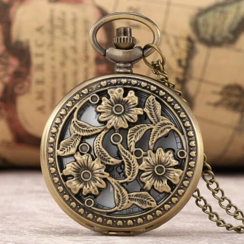 Hollow Flowers Bronze Necklace Pocket Watch Quartz Chain Watch Men Women Punk Retro Pendant Clock Gifts reloj de bolsillo