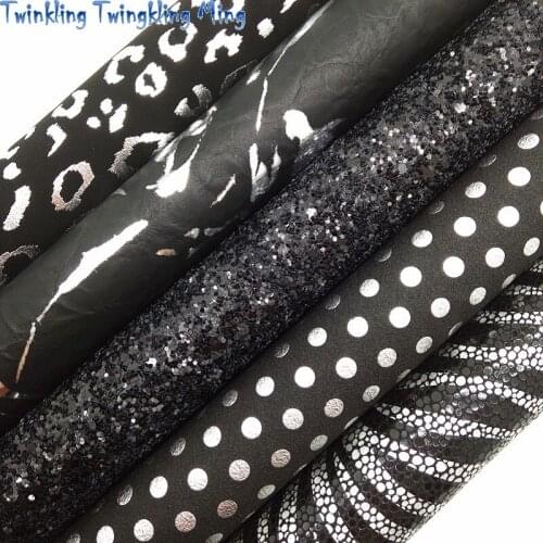 Black Glitter leather, Zebra Dots Leopard Printed Synthetic Leather Faux Fabric For Bow A4 21x29CM Twinkling Ming KM198