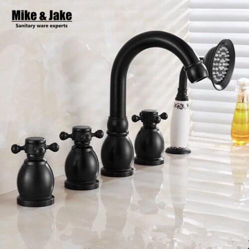 Black Brass 5pcs Bathroom Tub Sink Faucet with Hand Shower Deck Mounted 5 Holes Three Cross Handles Bathtub Taps MJ359