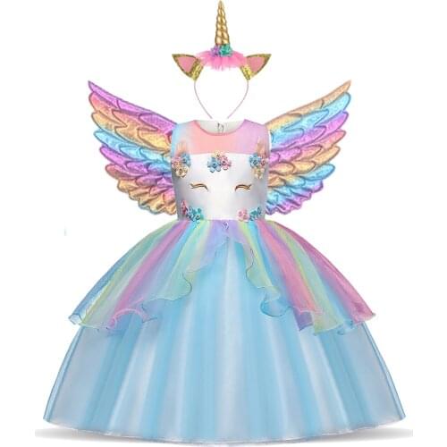 2021 Unicorn Dress with Wings Kids Birthday Party Gift Princess Costume for Halloween Christmas Baby Girls Summer Clothing