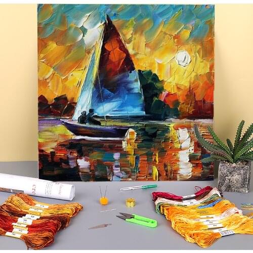 Oil Painting Style Sail Fast Printed Canvas 11CT Cross-Stitch Kit Embroidery DMC Threads Painting Needlework Adults