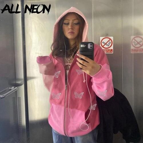 ALLNeon 90s Streetwear Butterfly Print Rhinestone 2 Piece Tracksuits Y2K Fashion Oversized Zippper Hoodies Sweatpants Co-ord Set