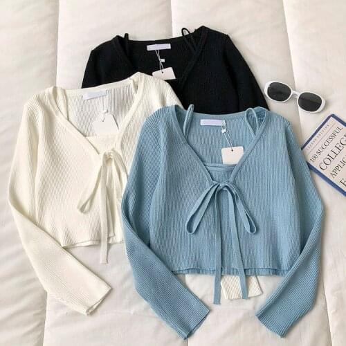 Spring Autumn Cardigan Suits Korean Women Lace Up Short Coat Tank Tops Woman Elegant Knitted Cropped Cardigan Harajuku Sweater