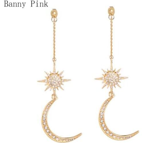Cute Alloy Moon Sun Pendant Studs Earrings For Women Free Wear Crystal Metal Long Post Earrings Fashion Jewelry Pendietes Bijous