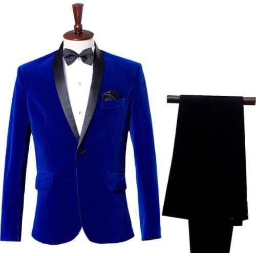 Singer star style dance stage blue clothing for men velveteen suit set with pants mens wedding suits costume formal dress tie