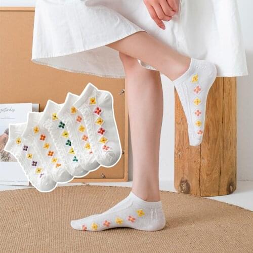 5 Pairs Summer Women Thin Japanese Korean Style Short Socks Female Funny Cartoon Flower Lace Side Harajuku Casual Ankle Socks