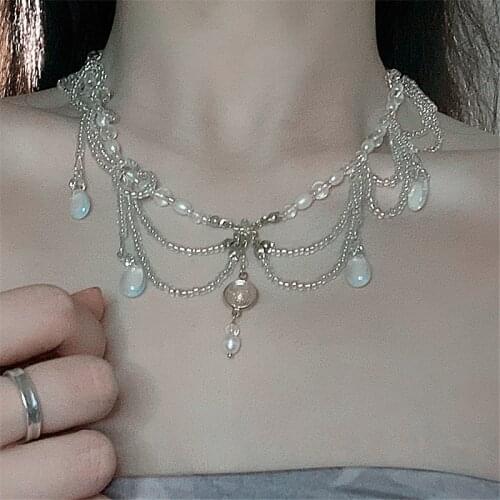 2021 Punk Imitation Pearl Crystal Pendant Necklaces for Women Clavicle Chain Necklace Vintage Choker Necklace Fashion Jewelry