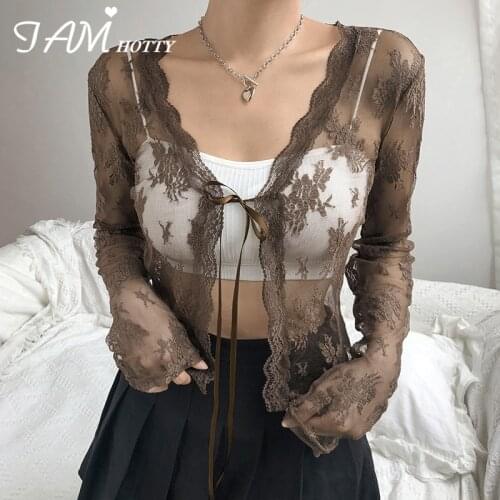 Sexy Lace Cardigan Women Tie-up Transparent Floral Mesh T-shirt Long Sleeve Cute Shirt All-match Overshirt Korean Chic Iamhotty