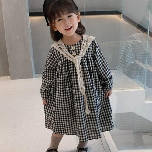 Girls' Plaid Dress Spring And Autumn New Childrens Cotton Casual Long-Sleeve Dresses With Shawl WTA12