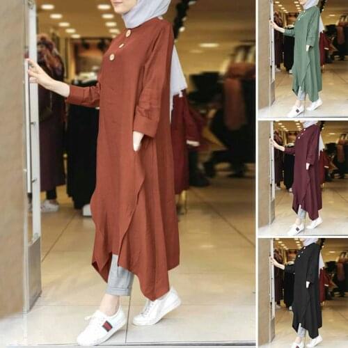 Vintage Muslim Womens Irregular Long Top Dress 2020 Autumn Abaya Midi Dress Long Sleeve Vestidos Female Solid Button Robe 5XL
