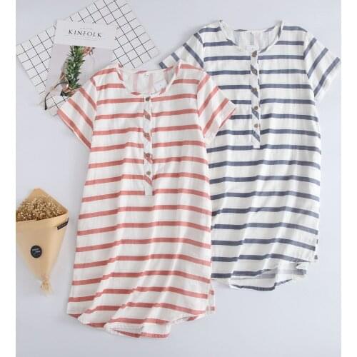 Striped Pullover Short-sleeved Cotton Double-layer Gauze Summer Sleepwear Thin Sweat-absorbent Cool Women Night Drees Nachthemd