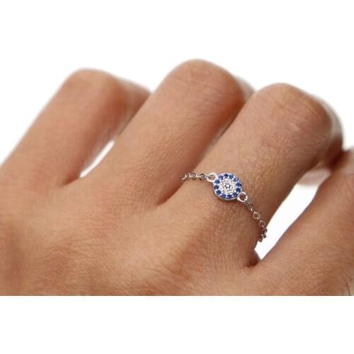 Silver 925 delicate chain design round evil eye disco charm delicate silver chain ring size 6 7 8