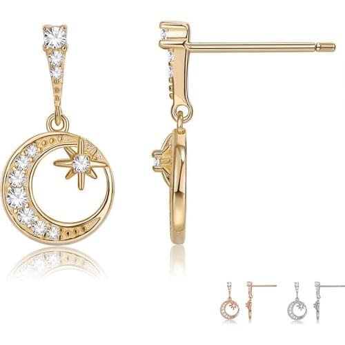 SILVERHOO 925 Sterling Silver Earrings For Women Moon and Anise stars Cubic Zirconia Romantic Drop Earrings Girl Gift Jewelry