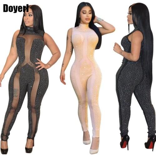 Rhinestone Jumpsuit Women Summer Sleeveless Sheer Mesh Patchwork Club Bodycon Jumpsuit Long Pants Romper Party Jumpsuits Catsuit