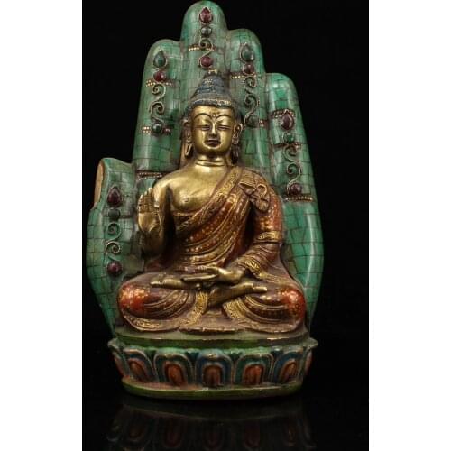 Height 24CM,Tibetan Buddhist Handmade Shakyamuni Statue, Old Pure copper Inlaid semi-precious stones turquoise Buddha in Hand