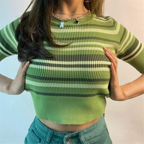 Summer Women Knitted Crop Tops Patchwork Color Block Green Striped Short Sleeve Round Neck Slim Fit T-Shirt 2021