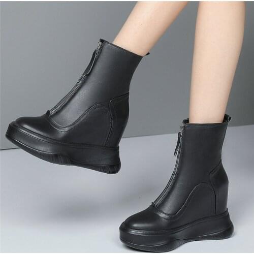 Black White Trainers Women Genuine Leather Platform Wedges High Heel Ankle Boots Female High Top Fashion Sneakers Casual Shoes