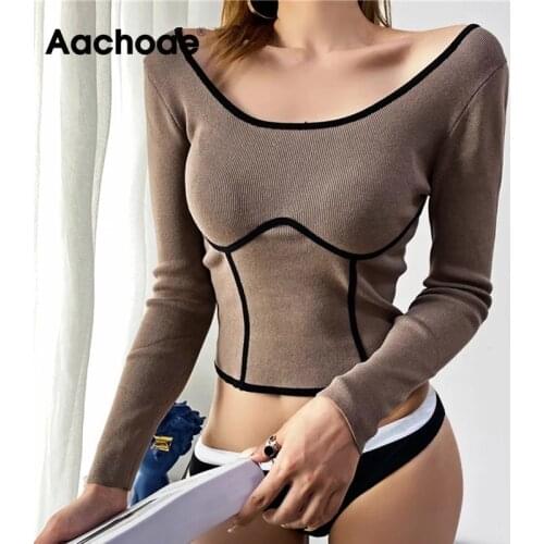 Aachoae Women Casual Crop Top T Shirt 2021 Chic Long Sleeve Patchwork Basic Tee Shirts Fashion Ladies O Neck Knitted Tops