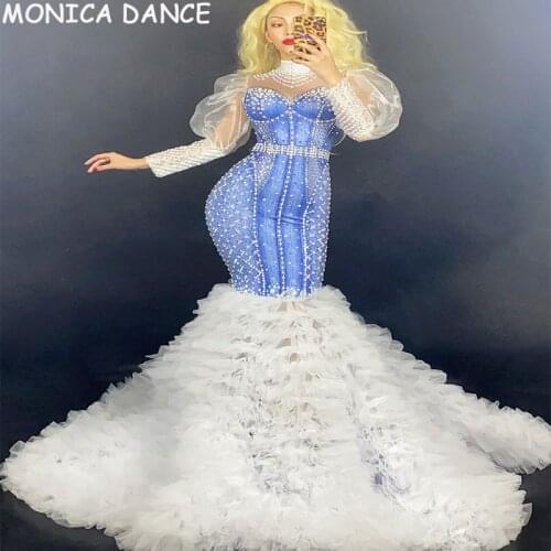 Nightclub Sexy Sparkly Rhinestone Pearl Long Tail Dress Women Birthday Transparent Sleeves Dress Prom Celebrate Dance Dress