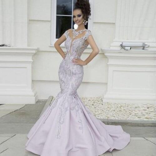 Lavender Mermaid Evening Gowns Saudi Arabia Cap Sleeve Lace Appliques Beads Prom Dresses Dubai Zipper Back Robe De Soiree