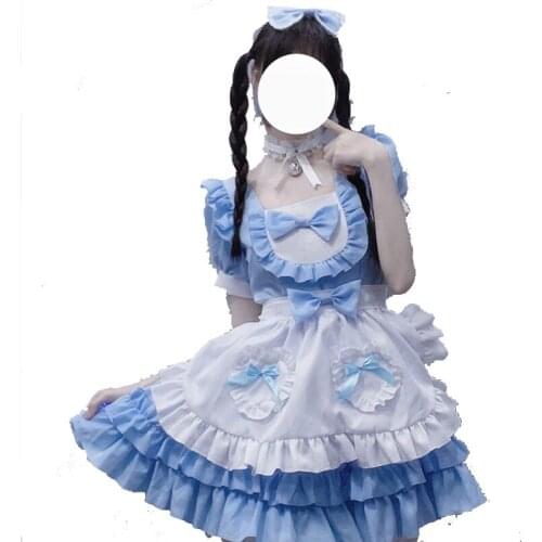 2021 Women Maid Outfit Anime Long Dress Blue and White Apron Dress Lolita Dresses Maiden Cafe Costume Cosplay Costume
