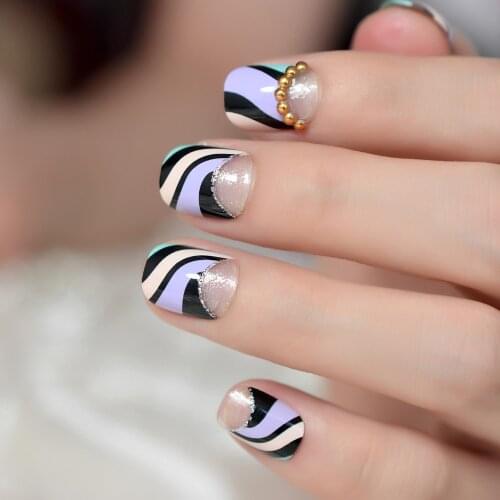 22pcs Short Colorful French Fake Nail Golden Pearl Small Squoval 3D Flase Nails Easy Wear with Sicker Finished Nail Z954