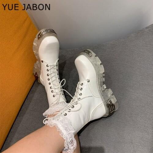 Brand Designer Metal Decor Thick Sole Women Boots Lace-up Ankle Boots for Women Street Style Riding Knight Short White Booties
