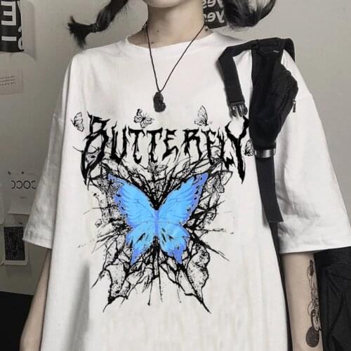 Harajuku T-shirt Beautiful Gothic Butterfly Punk Cartoon Short Sleeve O-Neck Top Women Direct Summer Loose Oversize Streetwear