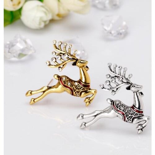 Happy Running Fashion Elk Brooch for Women Crystal Enamel Pins Animals Brooches Jewelry Christmas Ornament Accessories