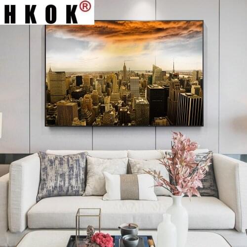 HKOK New York City Sunset Skyline Landscape Art Canvas Paintings Wall Art Picture Posters Prints Modern Home Decor Living Room