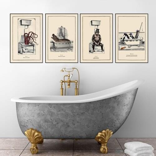 Bathroom Toilet Decoration Painting Vintage Funny Animal in Bathtub Gorilla Penguin Octopus Canvas Poster Print Wall Art Picture