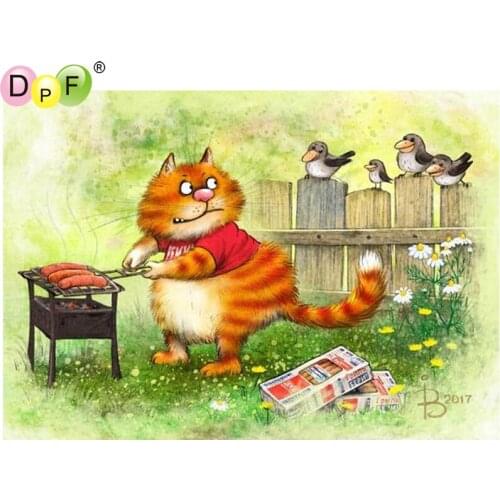 DPF DIY The cat barbecue square diamond painting cross stitch wall painting crafts diamond embroidery home decor diamond mosaic
