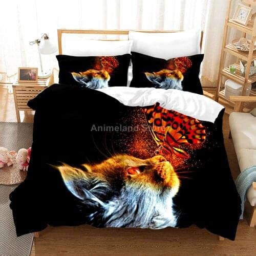 Butterfly And Cat Bedding Set Animal 3D Print Comforter Luxury Duvet Cover Set Home Textile Decor Twin Queen King Single Size